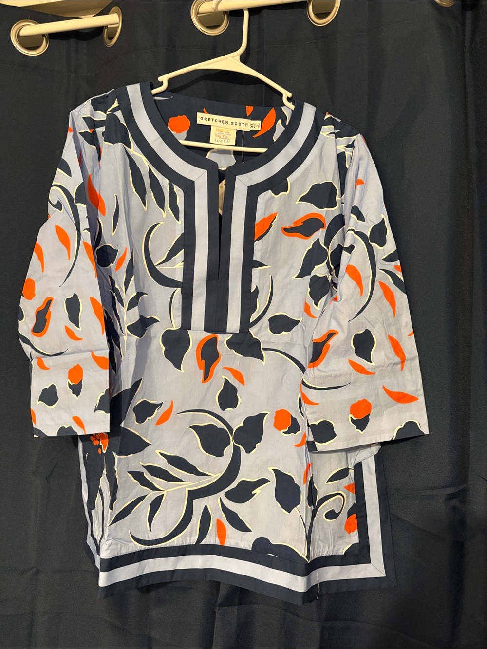 Gretchen Scott Designs Light Blue Tunic with Navy & Orange Floral Accents